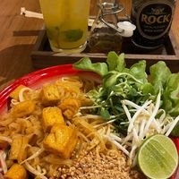 Pad thai and pineapple syrup soda  at Ginger Farm Kitchen in Pattaya