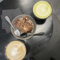 dirty chai, choc & almond loaf, matcha   at Motors Coffee in Paris