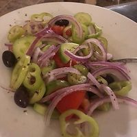 Greek salad no cheese   at Ilia's Orchard in Skiathos