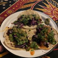Chorizo taco, Jamaica (hibiscus) taco, portobello tacoos  at Selva Taqueria Plantbased in Cabo San Lucas