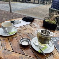 Tea and oat cappuccino   at Brasserie De Stadstuin in Franeker