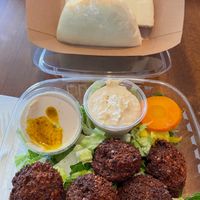 Falafel, salad and hummus at Falafel Salam in Seattle