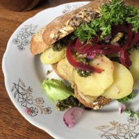 Their hearty potato, pesto and pickled onion sandwich- fresh!  at Nordby Gamle Købmandshandel in Samso