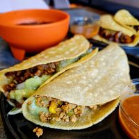 Vegan Tacos: Tofu, "Chorizo," Mushroom & Jackfruit. Served with Refried Beans (sans queso fresco) at Cornelia Fine Tacos in North Vancouver