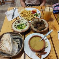 Lentil Soup, Hummus, Falafel Dish, Falafel Meal, Fresh Orange Juice at Mr. Falafel in Wadi Musa