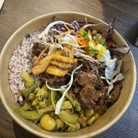 Jerk chick’n and bean stew with rice n peas, salad and slaw  at Brownins Food in Smethwick