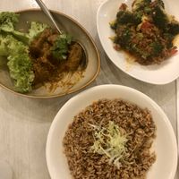 Left: Penang, right: sambal broccoli, bottom: XO rice at Whole Earth 环界蔬食 in Central Singapore
