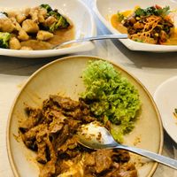 Enchanted forests ( mushroom & broccoli), Penang remdang, pumpkin tofu  at Whole Earth 环界蔬食 in Central Singapore