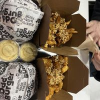 Top is not gf poutine for hubby, but Tom gf tater tot poutine   at Odd Burger in Regina