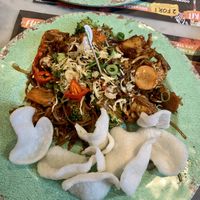 Blackened monks noodles with vegan prawn crackers   at Banana Tree in Birmingham