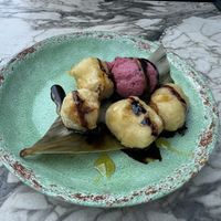 Banana fritter with sorbet   at Banana Tree in Birmingham