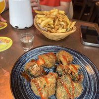 Fries and fried broccoli   at Frog Hop House in Paris