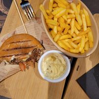 Vegan burger and fries at Hip and Pistol in Ilfracombe