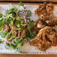 Crispy oyster mushrooms with ajvar sauce, white bean cream and salad.  at Hvar Brewing Co in Hvar