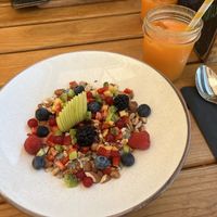Chia pudding with toppings and cold pressed juice with orange, carrot and ginger.  at Hvar Brewing Co in Hvar