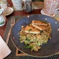 Warm quinoa salad with zucchini, sultanas and tofu and a lentil soup. Both really really good! at Ananda Cafe-Boutique in Neuchatel