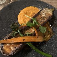 Roasted miso aubergine with sweet potato purée   at Kanarie Club in Amsterdam