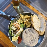 „vegan steak“ (buried in mushroom soap)  at Veggie's in Vang Vieng