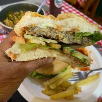 The vegan burger and fries were great. at Veggie's in Vang Vieng