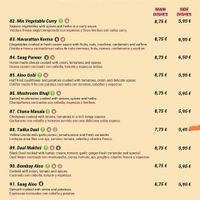 Carta vegetariana y vegana at Curry Palace in Javea