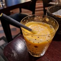 Vegan mango Lassi woth coconut cream at Leela Indian Restaurant  in Bergen