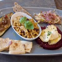 Dish of the day: vegan cheese with homemade bread, macaroni with red beans, beet creem and vegetables at Carmen Ragosta in Paris