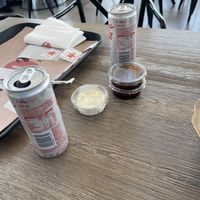 Drinks and vegan mayo and barbecue   at Goody's Burger House in Evinochori