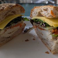 tofu, vegan cheese, carrots, cucumbers, and romaine on ciabatta at Heath's Natural Foods in New Smyrna Beach
