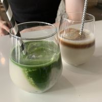 Iced matcha latte and regular latte with oat milkk  at Andante in Helsinki