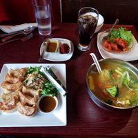 Tsel Thukpa (soup) and Shogo Moltak (dumplings) with chili on the side for individual spicing at Tibetan Kitchen in New Haven
