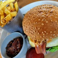 Vegan junk burger 🍔🍟 at Perch on Worthing Pier in Worthing