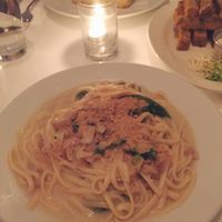 Clam Linguine with a side of Chickpea Fries  at Peacefood Cafe - Downtown in New York City