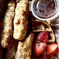 Chick’n & waffles, a fave  at Peacefood Cafe - Downtown in New York City