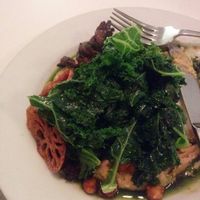 Grilled mushrooms,  lotus crisp, kale,  parsnip puree,  chickpeas,  delicious!  at Peacefood Cafe - Downtown in New York City