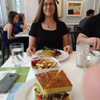 Pumpkin quiche, fries and burger at Peacefood Cafe - Downtown in New York City