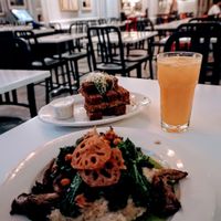 Oyster mushroom with chickpea fingers as side dish at Peacefood Cafe - Downtown in New York City
