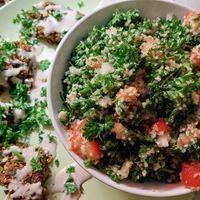 Tabouli (huge portion) with a side of baked falafel. Look how beautifully it is plated. at iCreate Cafe in Pottstown