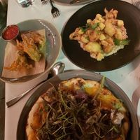 Butternut squash pizza (OMG, so good!), zucchini blossoms (my favorite!), cauliflower peanut appetizer, and chicken scallopini (tastes like chicken) at Crossroads Kitchen in Los Angeles