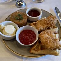 Chickn and waffles and potatoes  at Crossroads Kitchen in Los Angeles