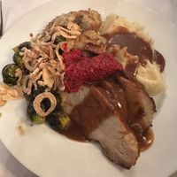 Amazing thanksgiving plate!   I opted for the lions mane, and my friend said the scallopini option was delicious too!  at Crossroads Kitchen in Los Angeles