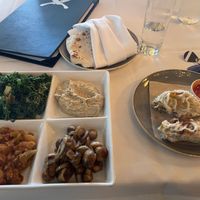 Lunch sampler w/butter beans, mushrooms, baba famous and Caesar kale  at Crossroads Kitchen in Los Angeles