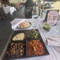 Mezze Plate: butter beans, kale caesar, mushrooms, baba ghanoush (usd $18)  at Crossroads Kitchen in Los Angeles