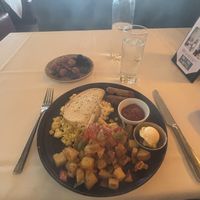 Sunday Brunch: scrambled ‘eggs’ with sausages, fried potatoes (usd$22 - before tax)  at Crossroads Kitchen in Los Angeles