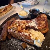 Stuffed French toast with spiced apple and sausages  at Crossroads Kitchen in Los Angeles