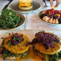 Benedict and impossible sausage English muffin at Crossroads Kitchen in Los Angeles