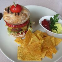Vegan burger with tortilla chips and guacamol/ ketchup with persley :) at Cafe Harvest in Vienna
