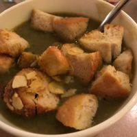 zucchini soup with croutons at Cafe Harvest in Vienna