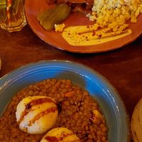 Specklinsen mit Knödel und Rahmgulasch mit Nockerl at Cafe Harvest in Vienna