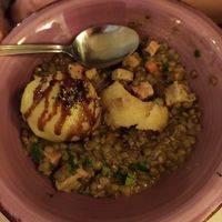 Bacon lentils with potato dumplings at Cafe Harvest in Vienna