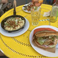 Chicky kebab deluxe and Kasnockerl with green salad  at Cafe Harvest in Vienna